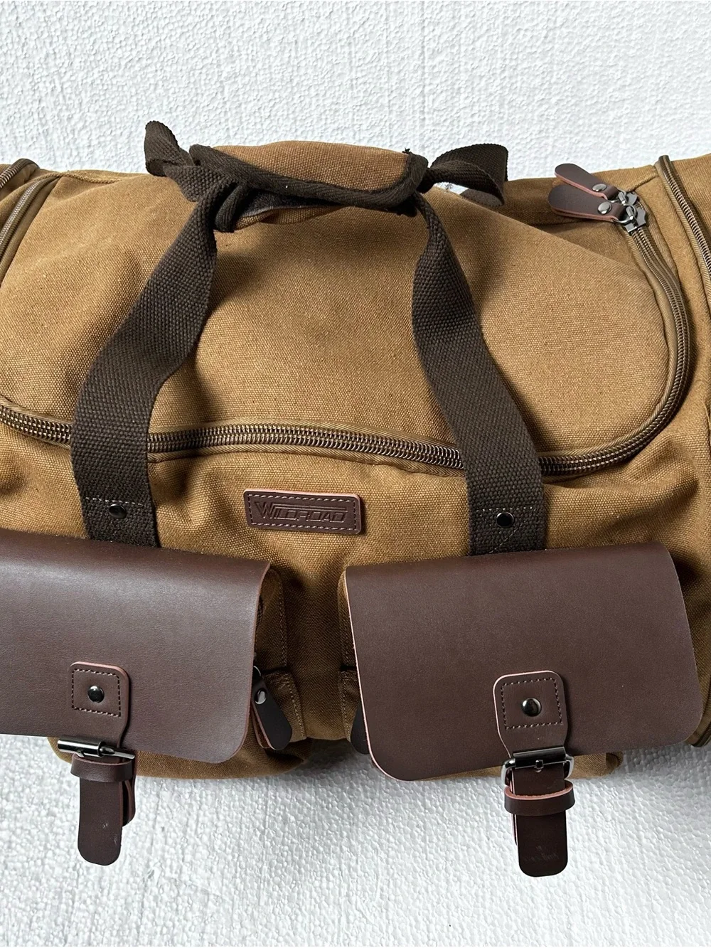 Wildroad Tan Canvas Duffel Bag with Dark Brown Leather Trim 50L expandable